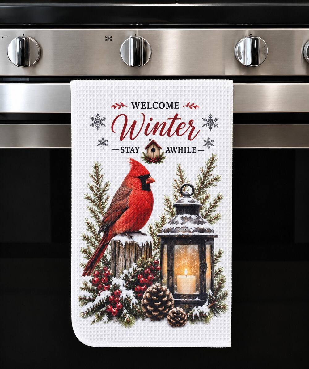 Welcome Winter Cardinal Kitchen Towel Rustic Farmhouse Bird & Lantern Decor